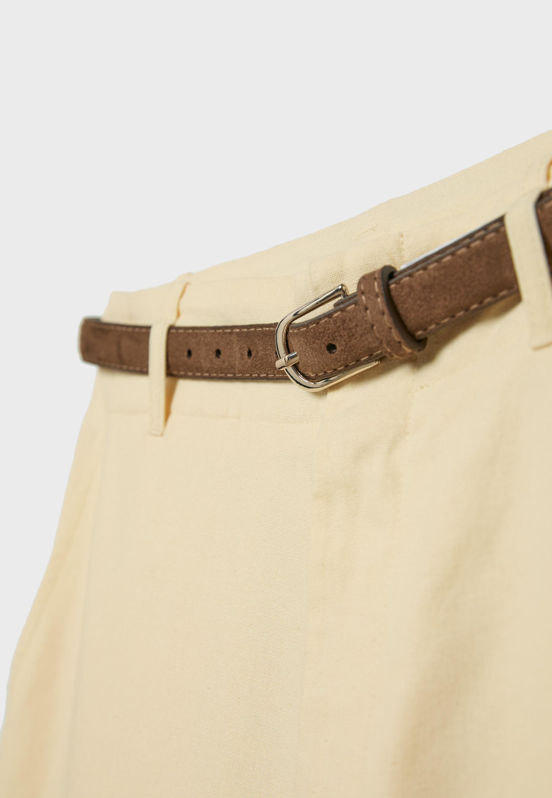 Straight-leg linen-effect trousers with belt — Pale yellow