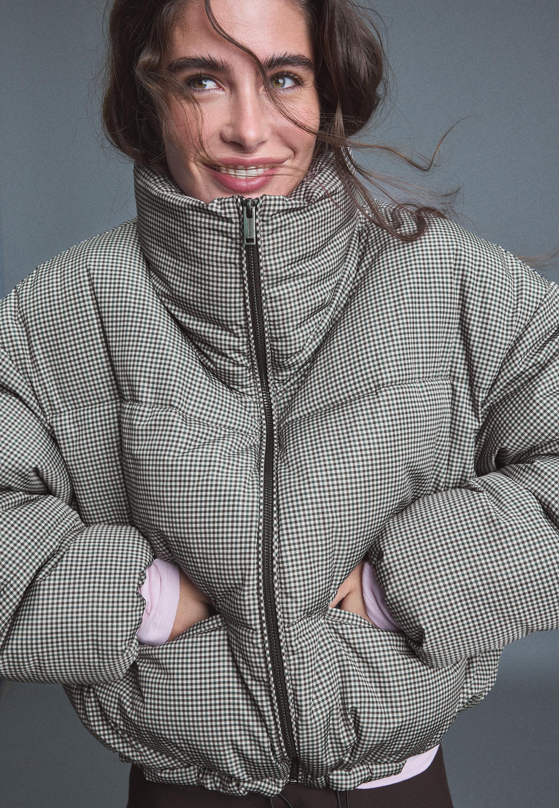 Checked high neck cropped puffer jacket - Women's fashion