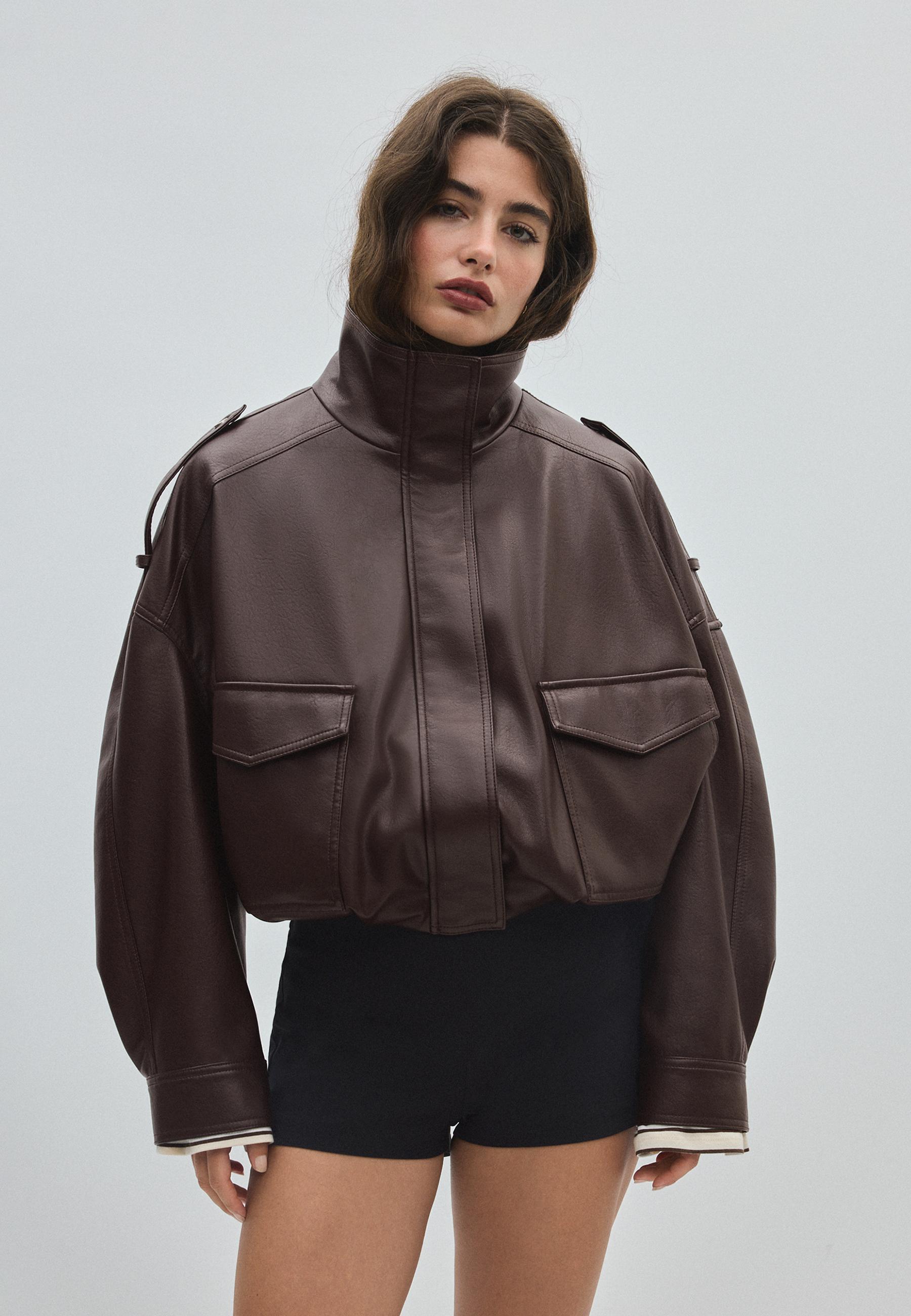 Stradivarius Oversize Τζάκετ Με Όψη Δέρματος Καφέ M
