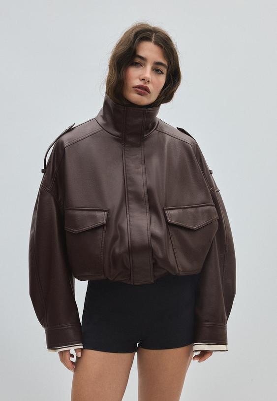 Stradivarius Oversize-Kunstlederjacke Braun M