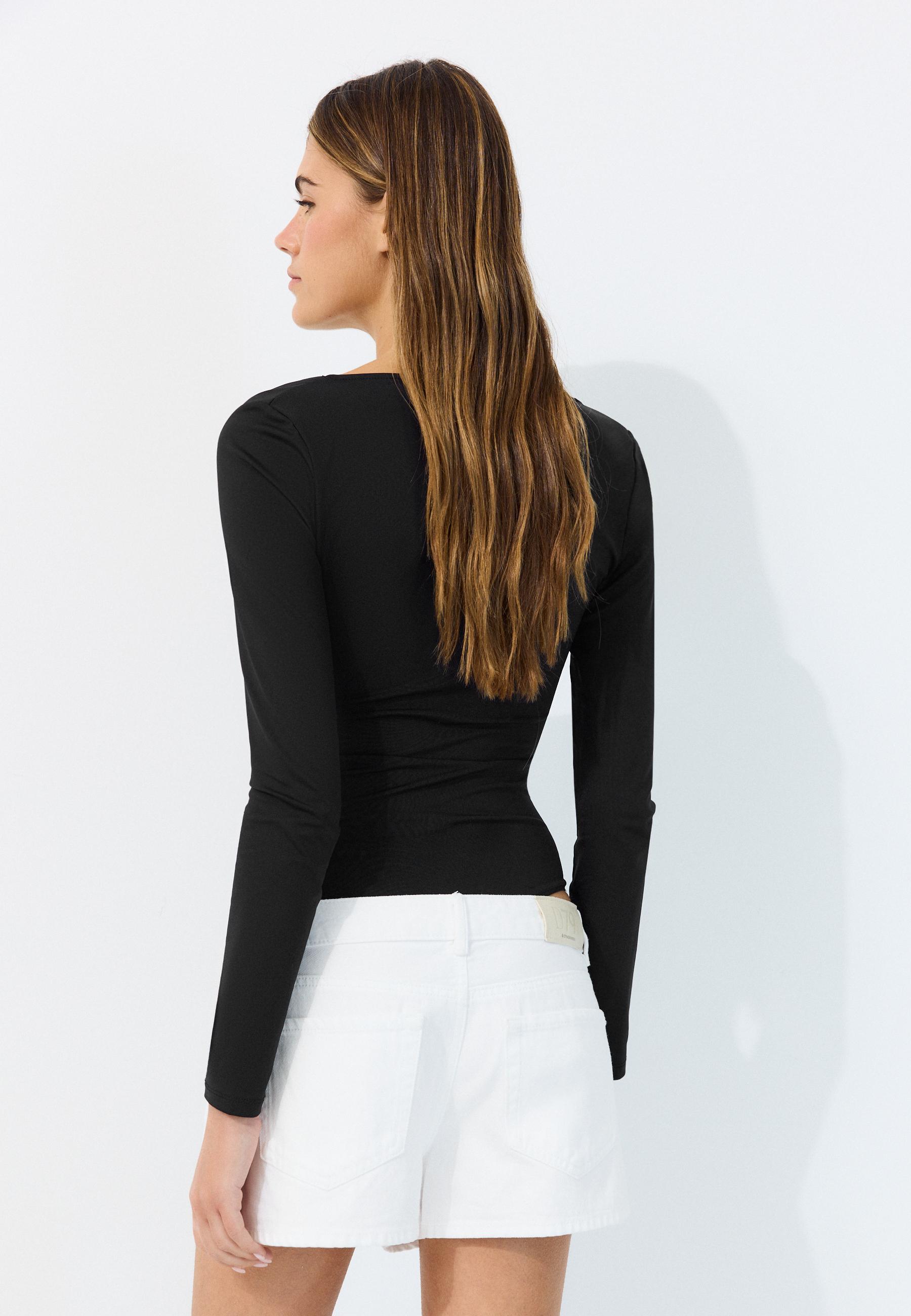 Gathered polyamide bodysuit with V-neckline — Black