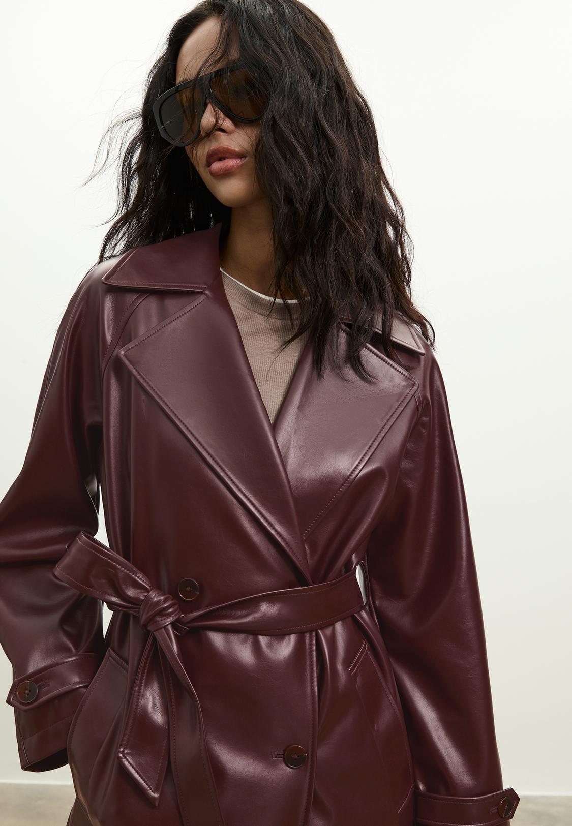 leather jacket women's coats burgundy Long faux leather trench coat