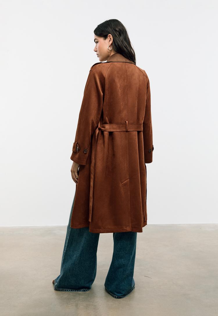 long faux suede trench coat