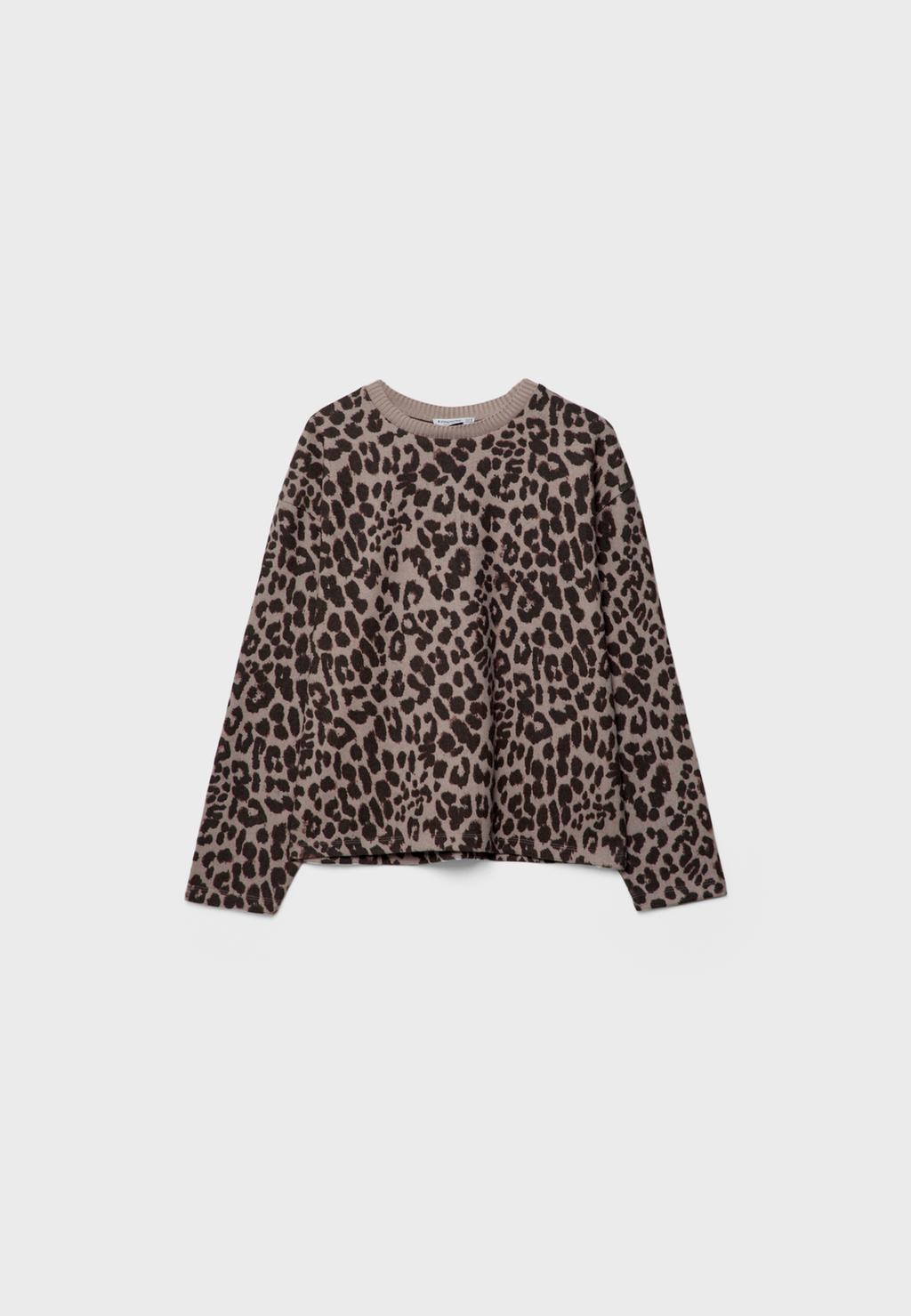 Tricou din tricot cu guler rotund și print leopard