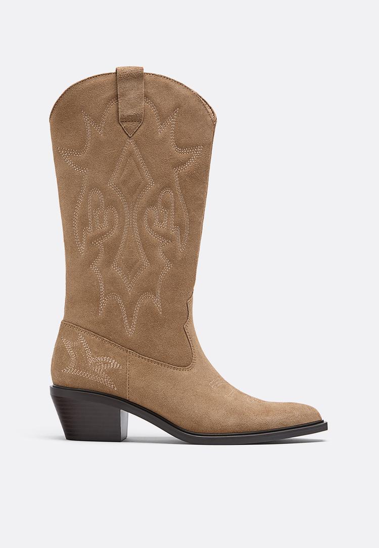 Stradivarius Kožne Čizme Western Stila Bež 38