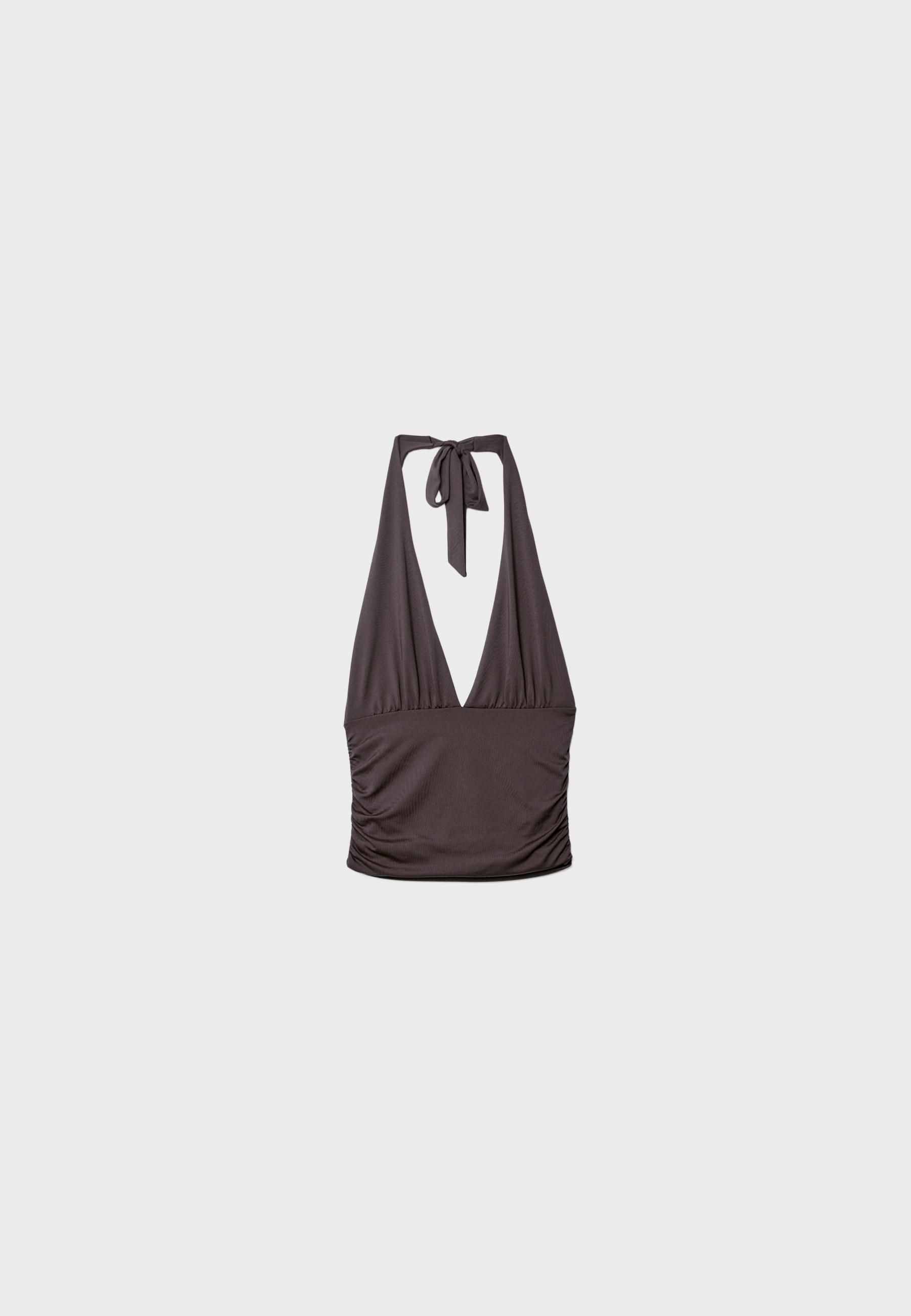 Ruched halter top with neck tie — Brown