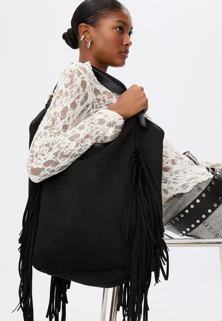 faux suede bag with maxi fringe