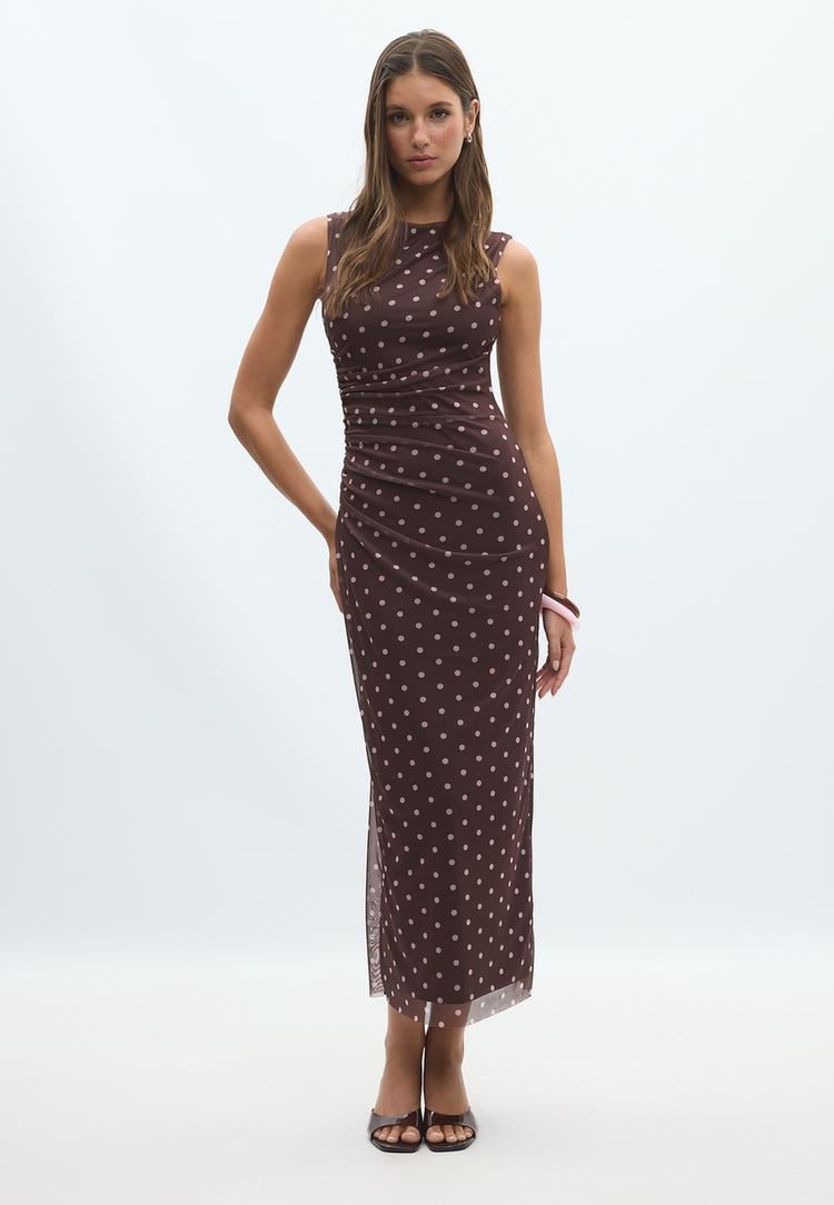 vestido midi sin mangas tul estampado lunares