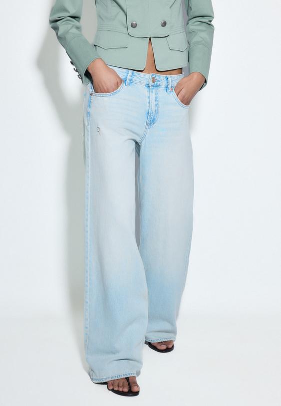 Stradivarius D91 Low-Rise Wide-Leg Jeans Medium Blue Denim 14