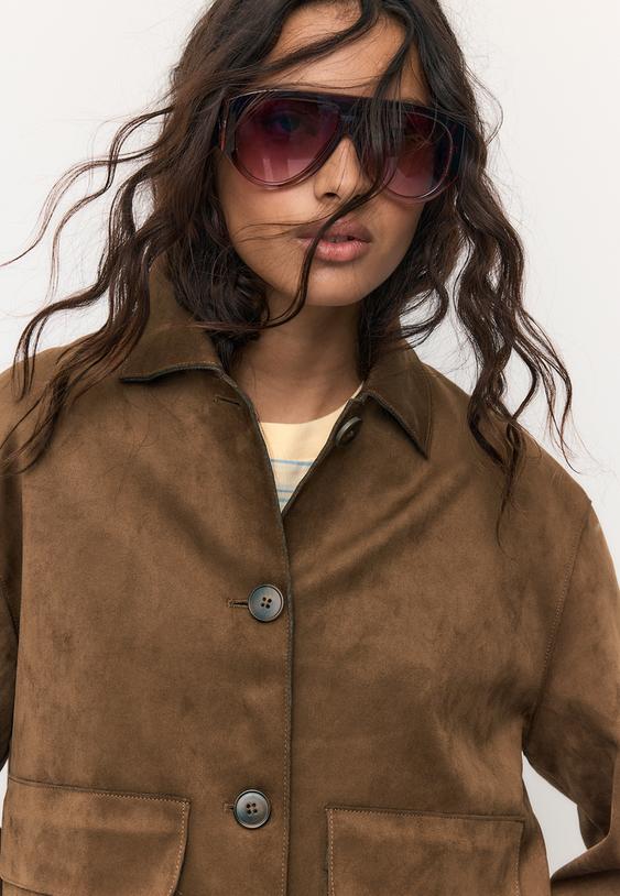 Stradivarius Faux Suede Jacket With Pockets Brown L