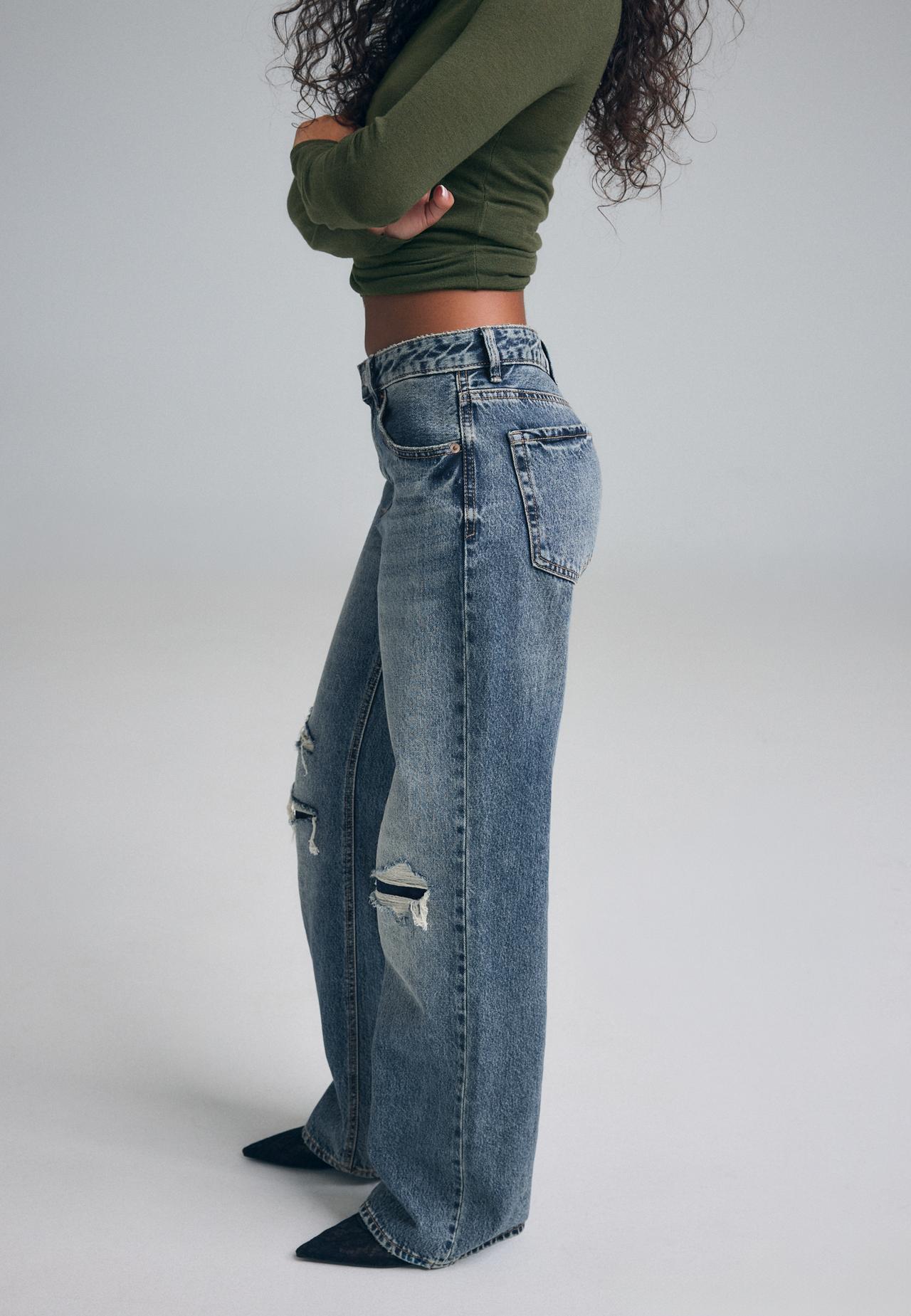 D92 Ripped straight wide-leg jeans — OVERDYED BLUE DENIM