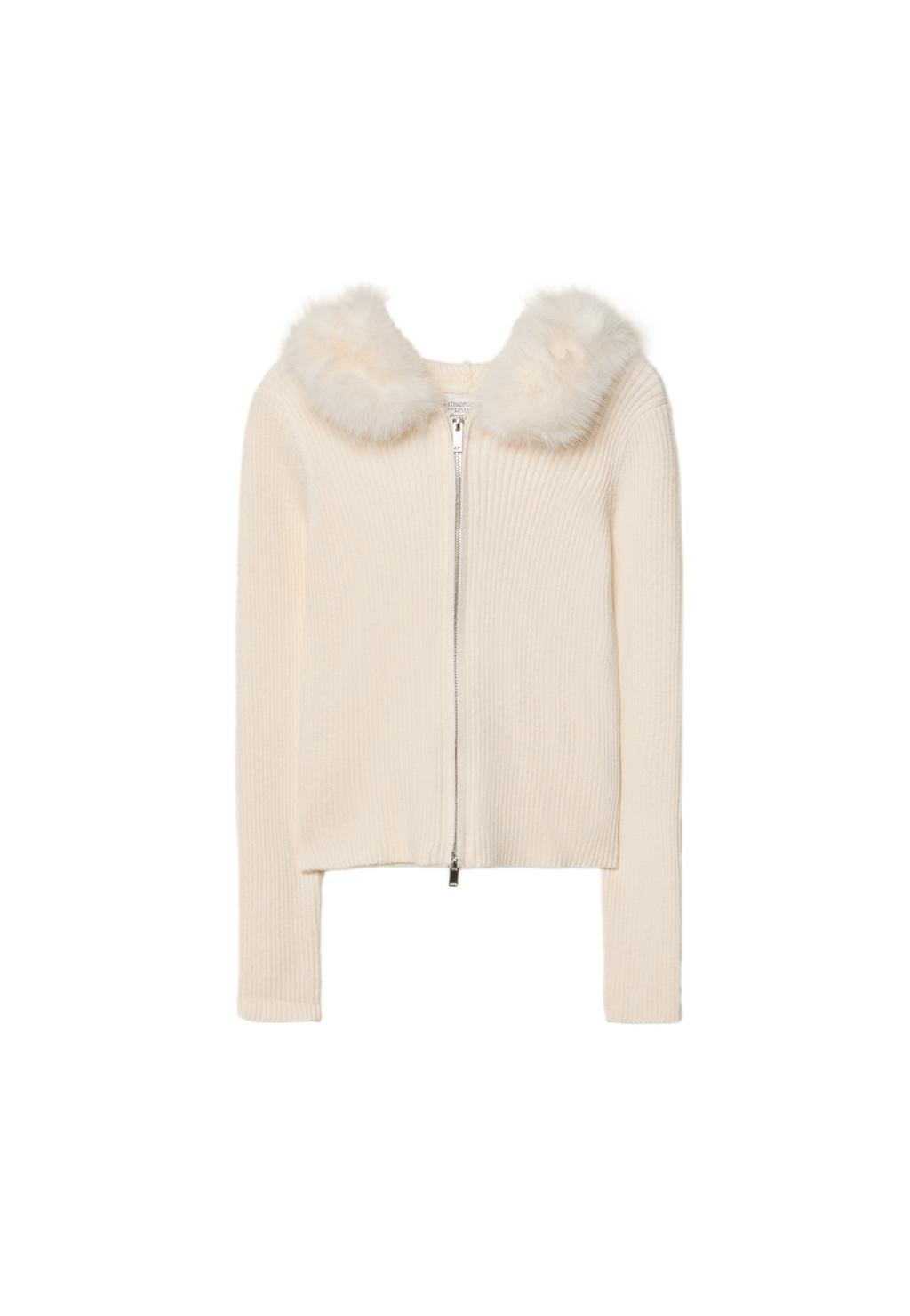 Knit cardigan with faux fur hood