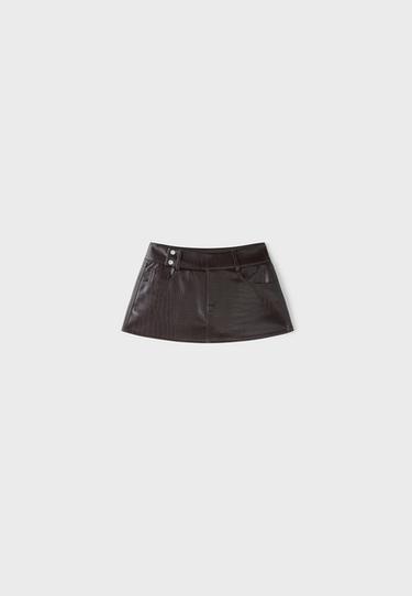 Leather effect hammer-waist mini skirt — Brown 7