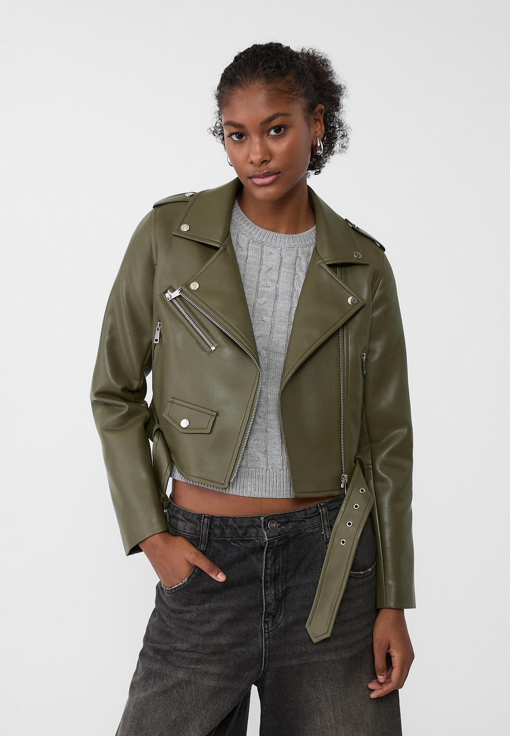 Faux leather biker jacket with belt