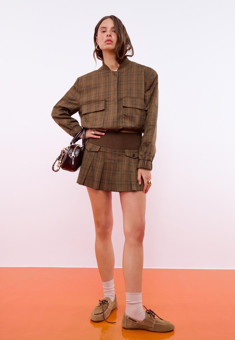 Stradivarius Kockovaná Bomber Bunda Brown Xl