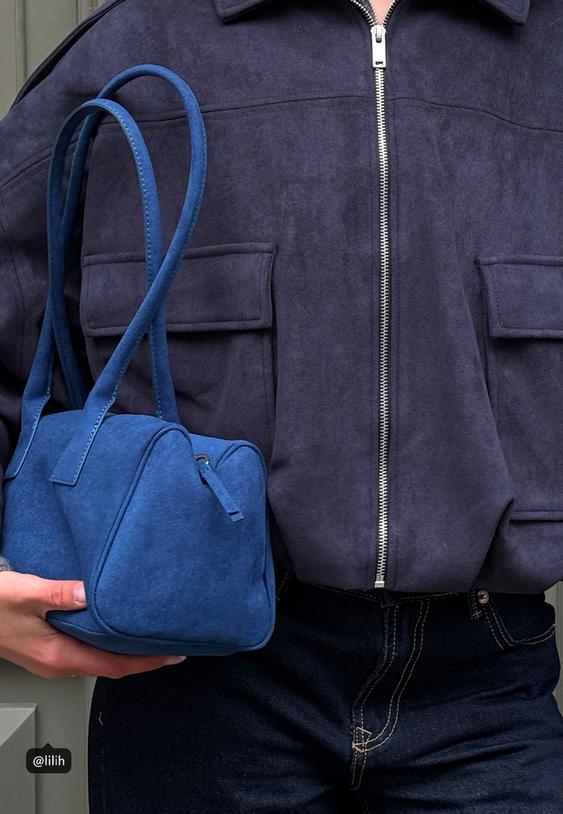 Stradivarius Faux Suede Bomber Jacket Navy Blue S