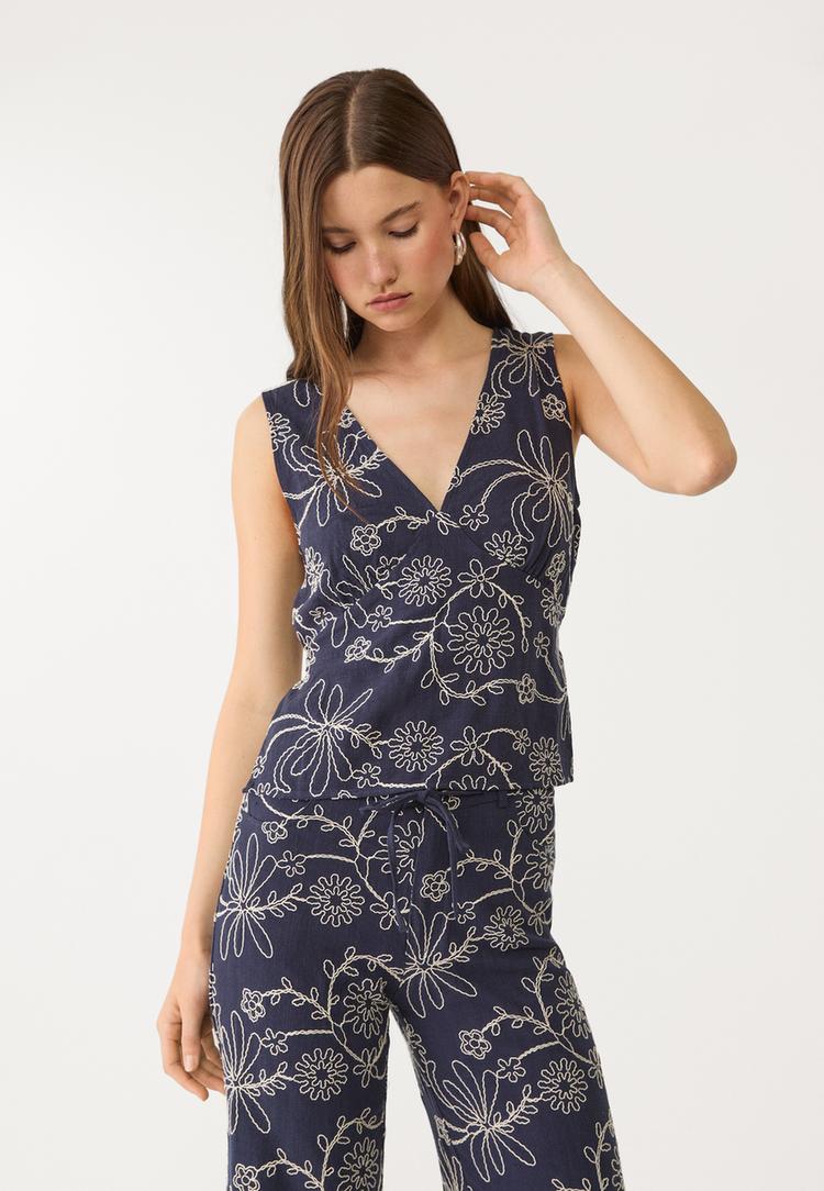 embroidered linen blend top