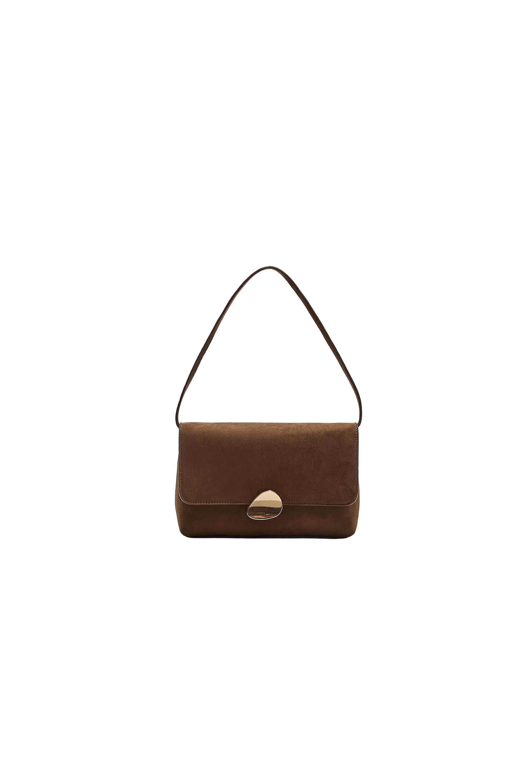 Asymmetric faux suede bag with metal clasp — Brown