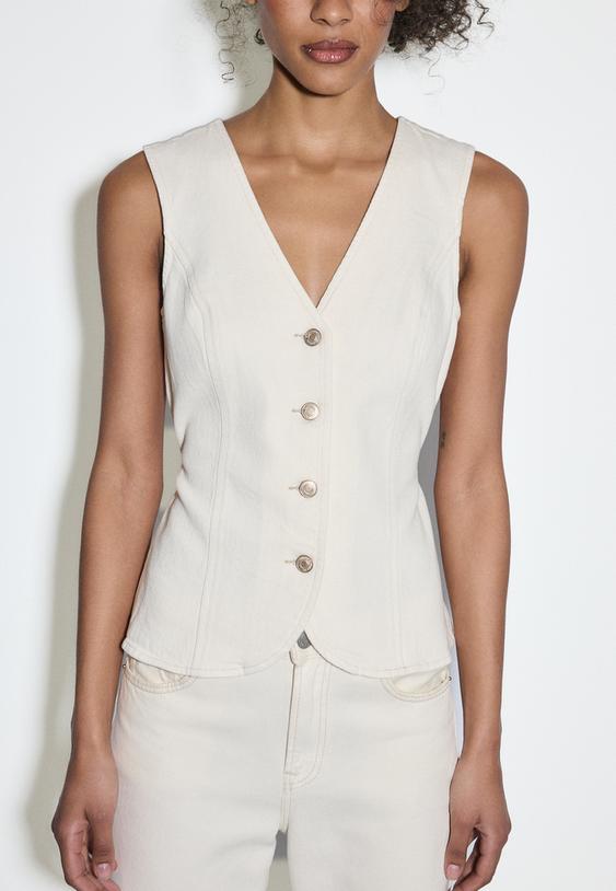 Stradivarius Top En Jean Ajusté Vanille L