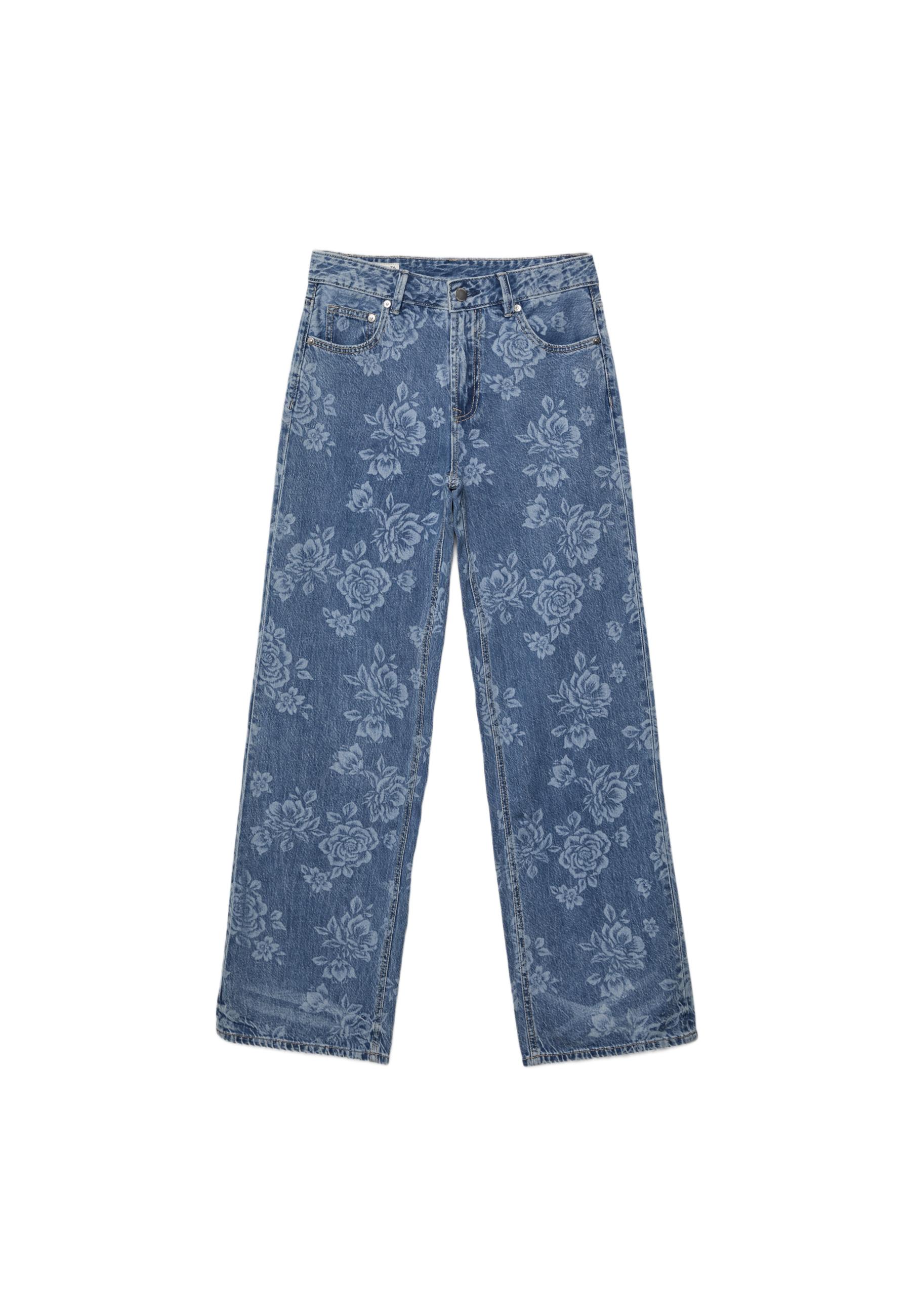 Straight-leg jeans with laser floral print — MEDIUM BLUE DENIM