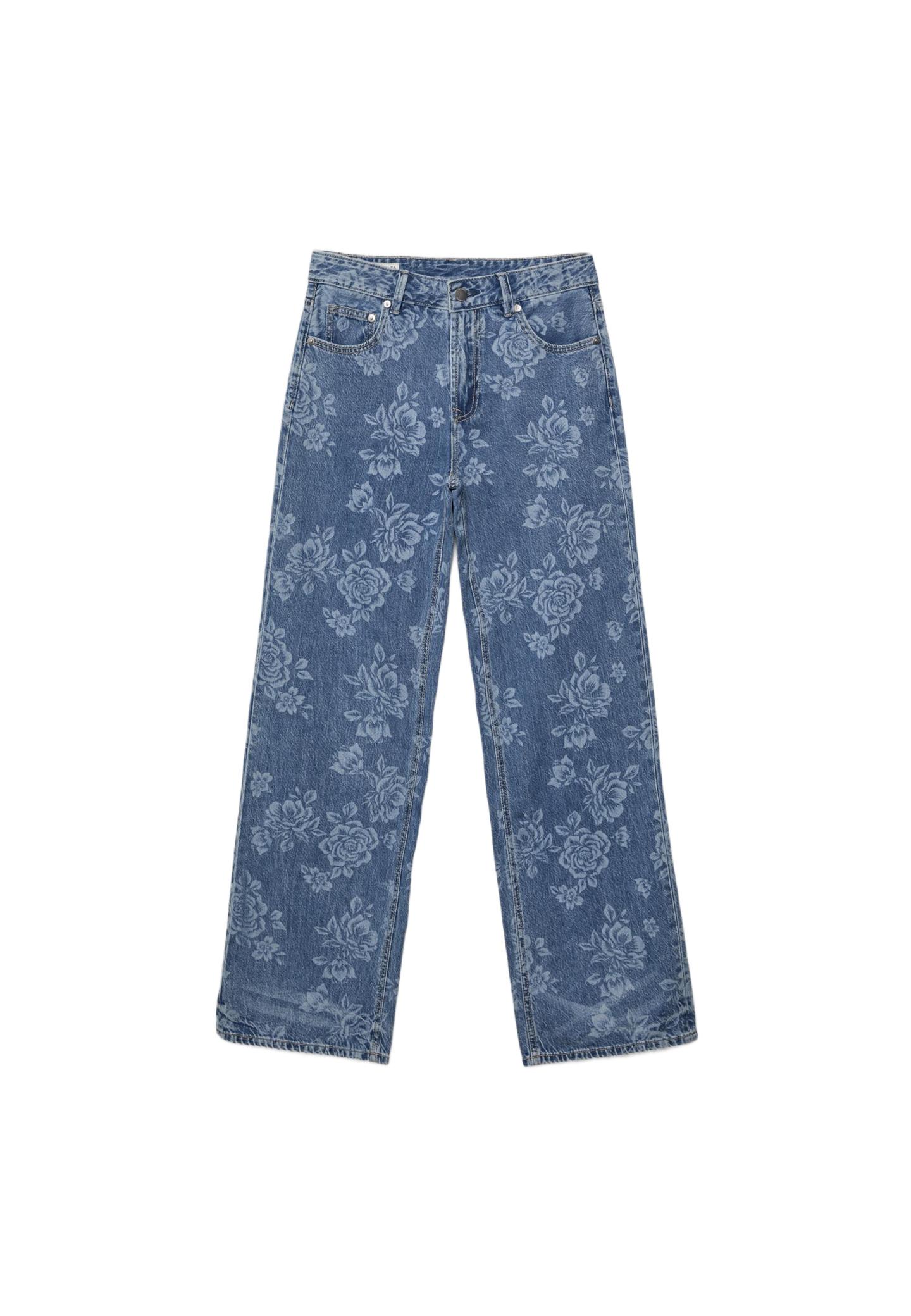 Lazer çiçek desenli straight fit jean - Görsel 9