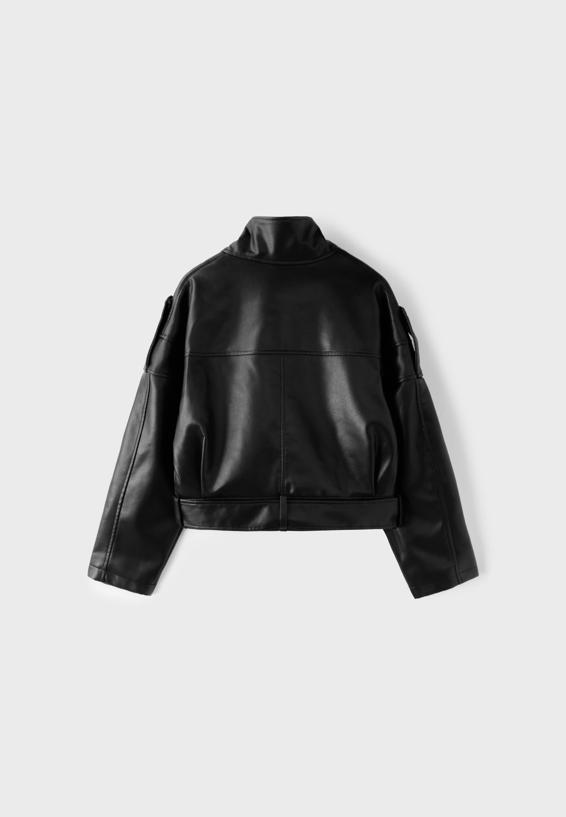 Leather effect belted cropped jacket — Black