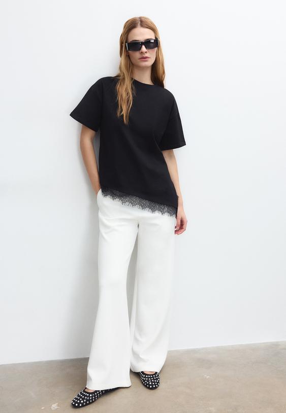 t shirt manches courtes ourlet dentelle