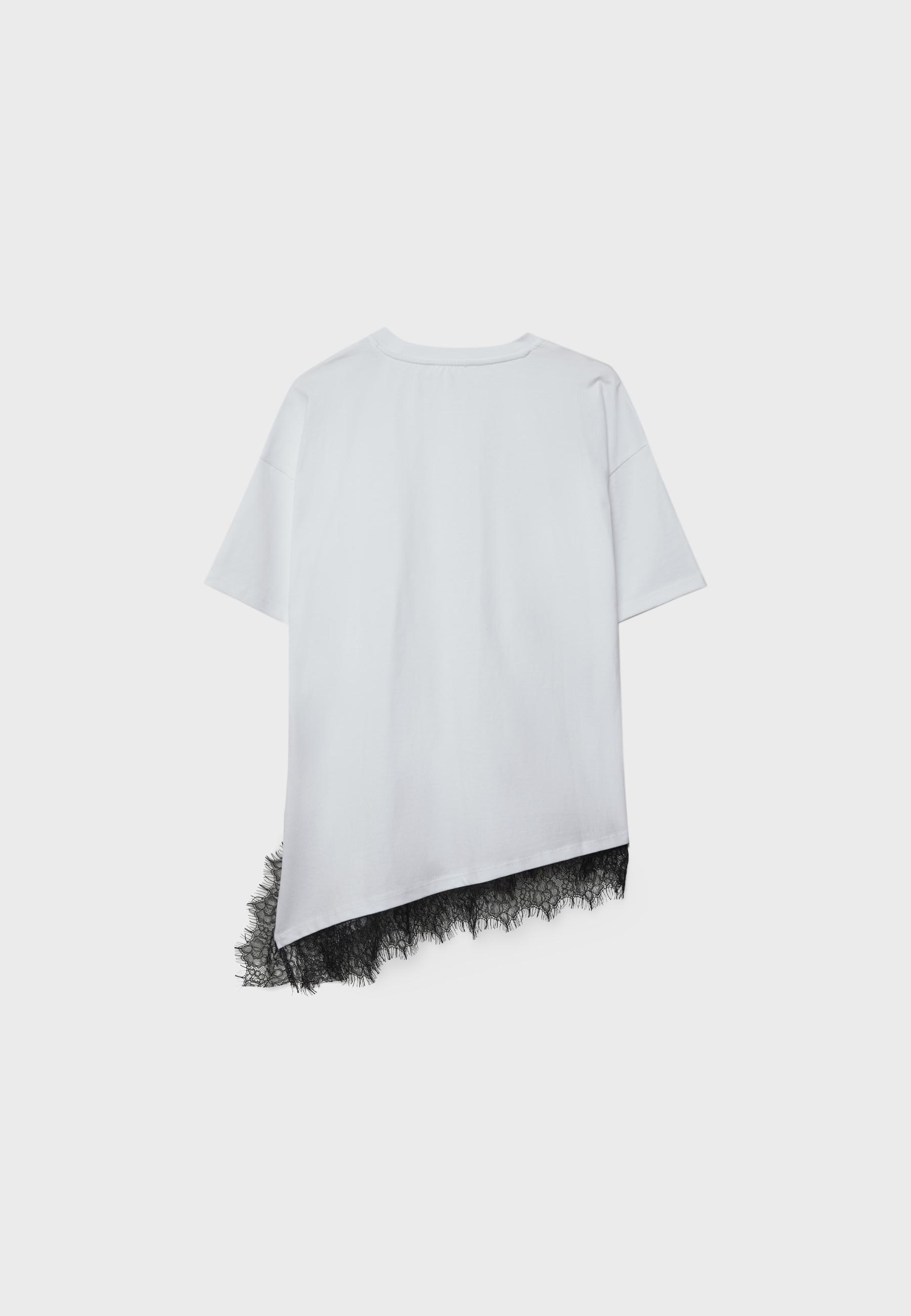 Short sleeve T-shirt with lace hem — White