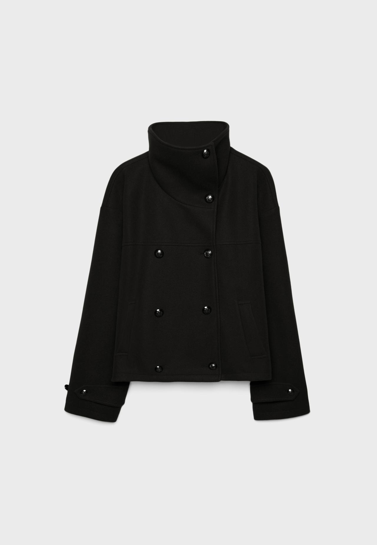 Soft-touch crossover high neck jacket — Black