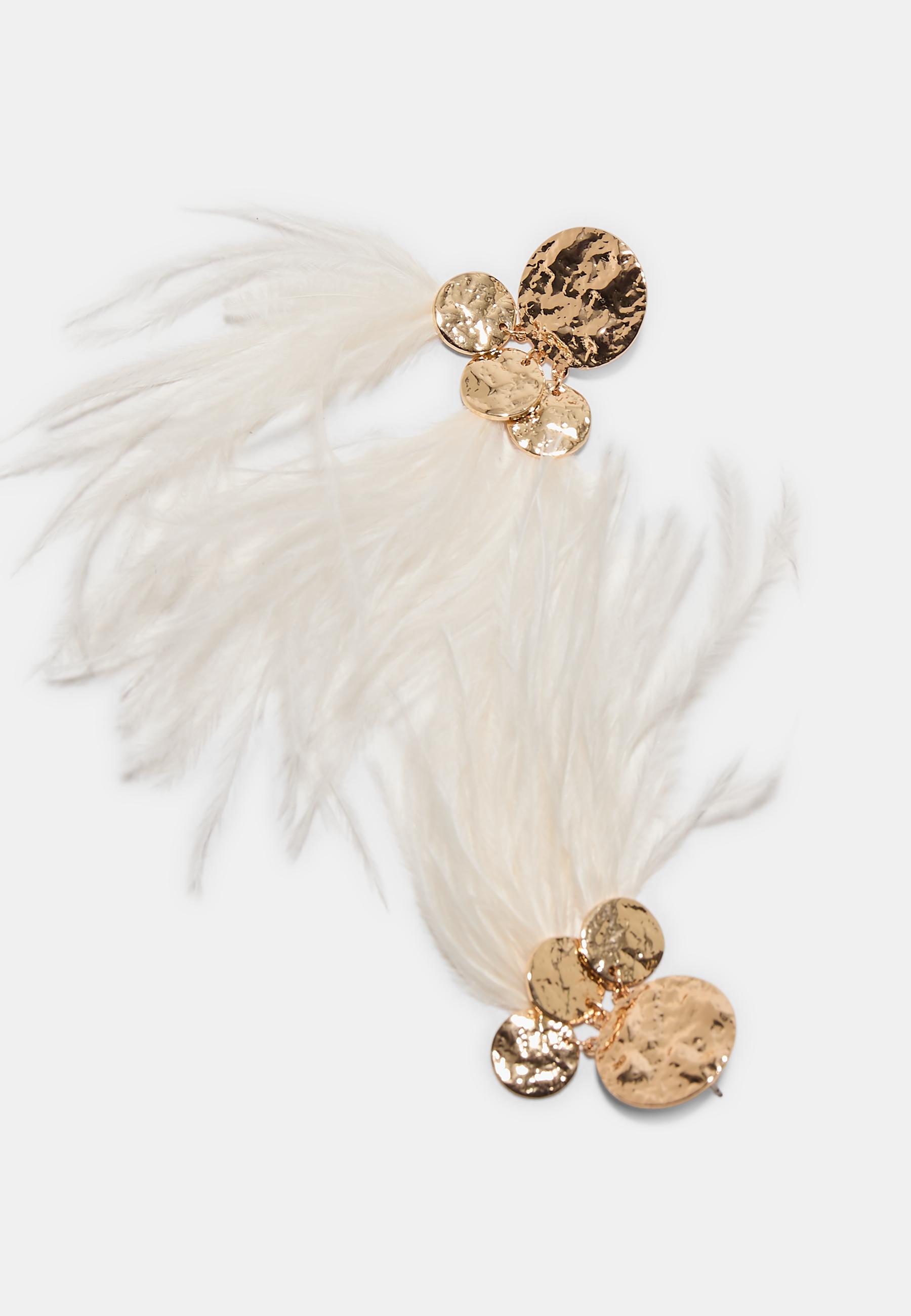 Dangle earrings with textured feather pieces — White