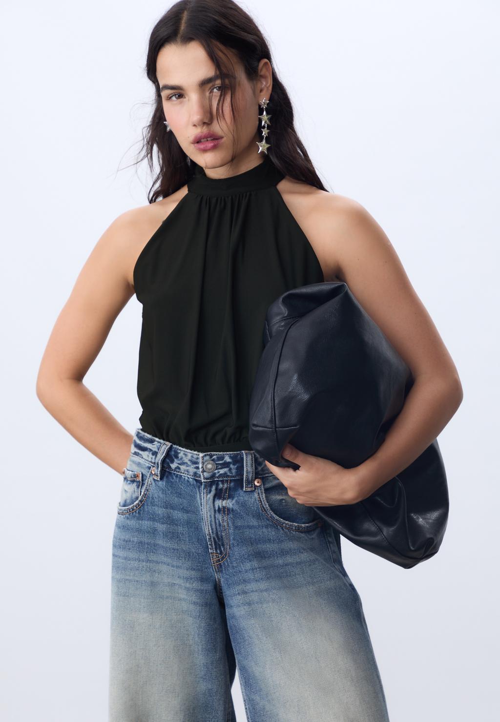 Halter bodysuit with puff sleeves