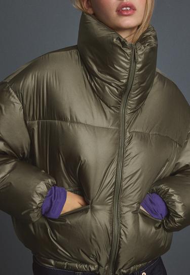 Shiny high neck cropped puffer jacket — Khaki 4