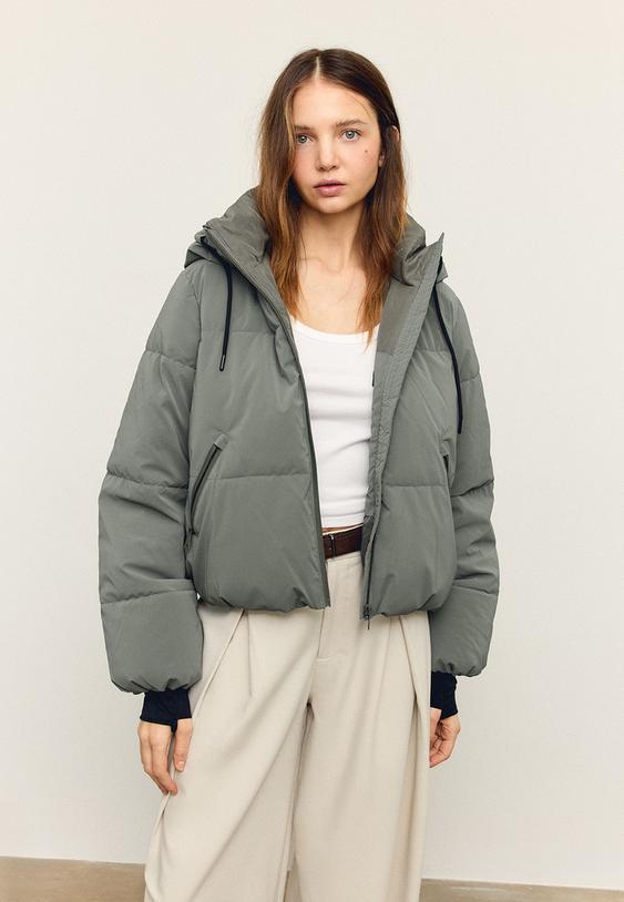 Stradivarius Hooded Padded Jacket Khaki M