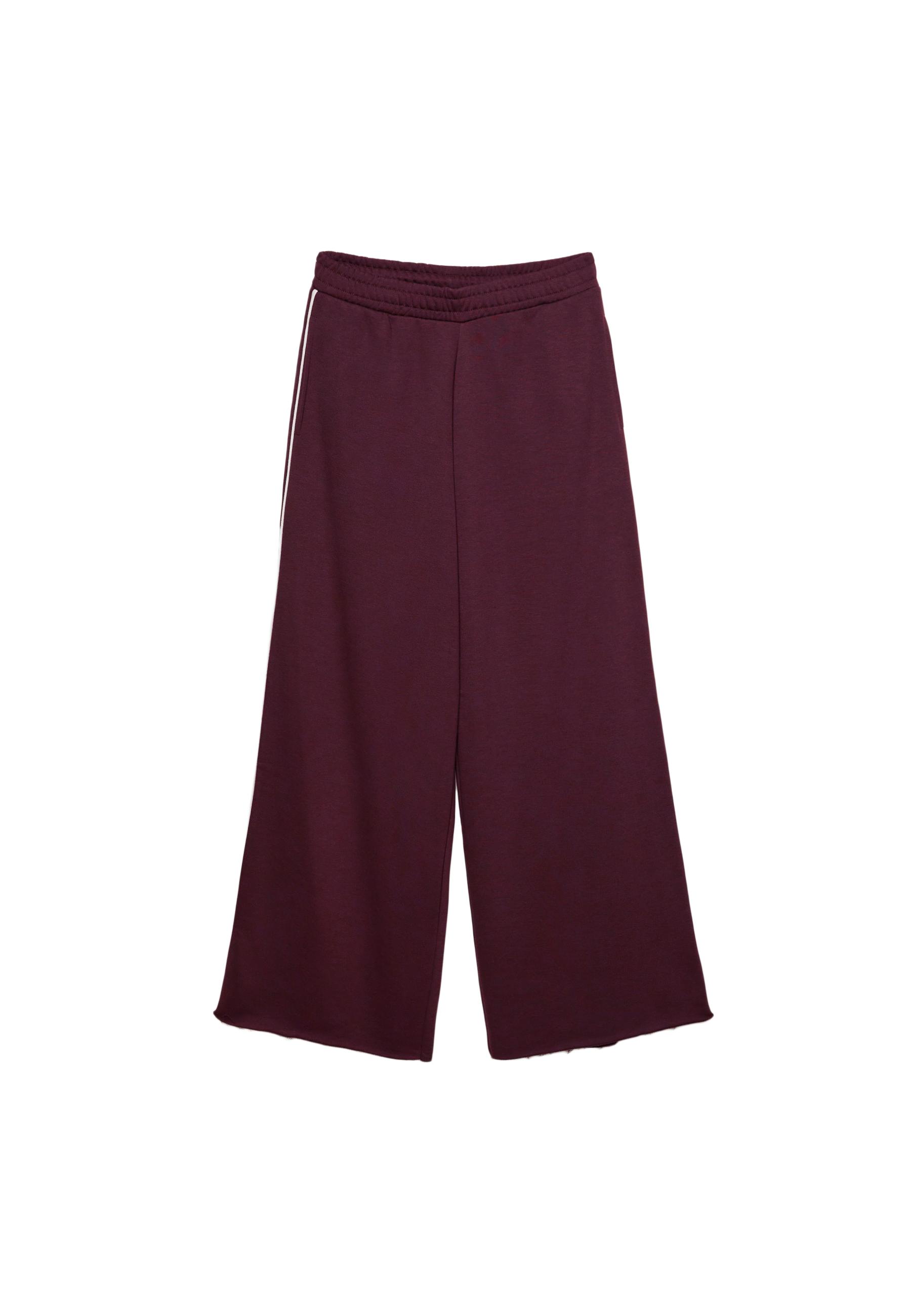 Wide-leg plush trousers with trim detail — Burgundy