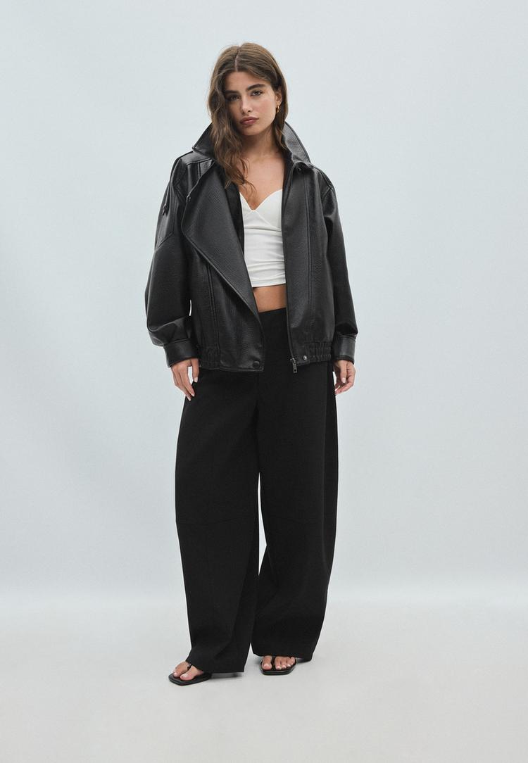 Stradivarius Oversize Biker Bunda Z Koženky Black S