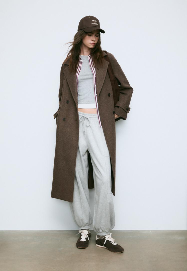 Stradivarius Μακρύ Παλτό Oversize Καφέ Xs