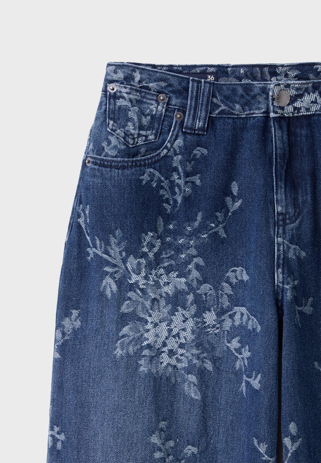 Floral jacquard barrel jeans — MEDIUM BLUE DENIM