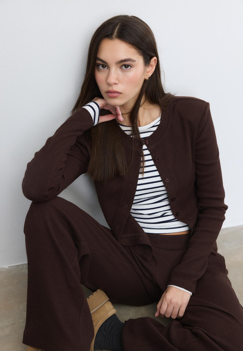 Knit cardigan with padded shoulders