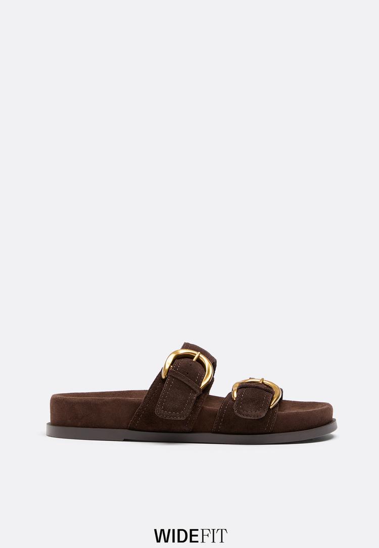 Stradivarius Wide Fit. Φλατ Δερμάτινα Πέδιλα Με Αγκράφες Καφέ 38