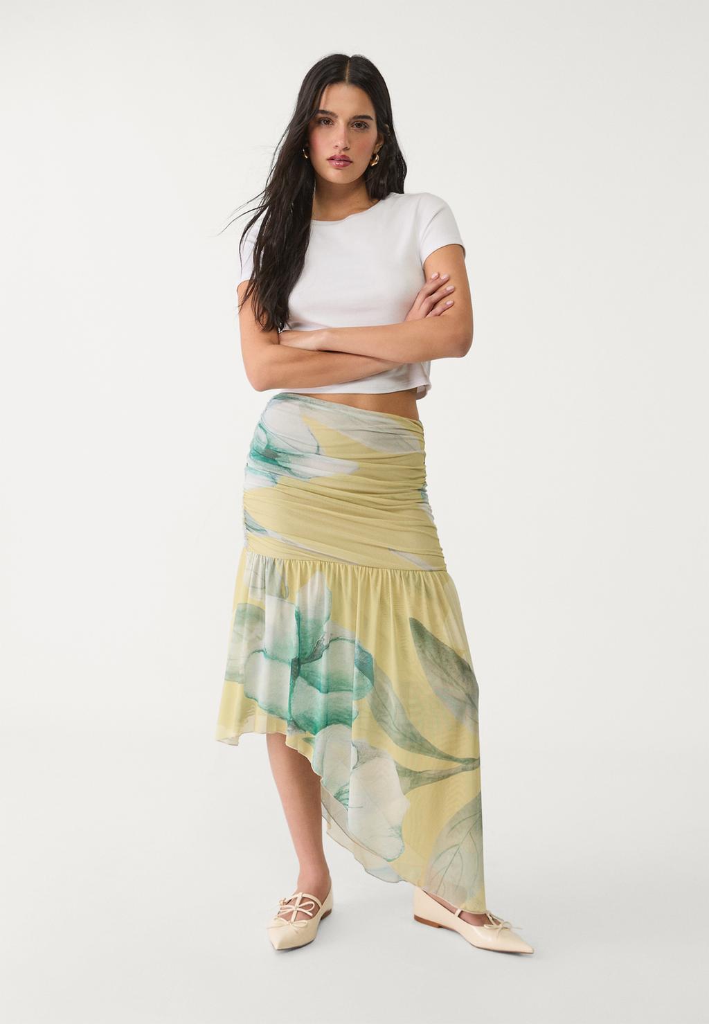 Printed tulle midi skirt