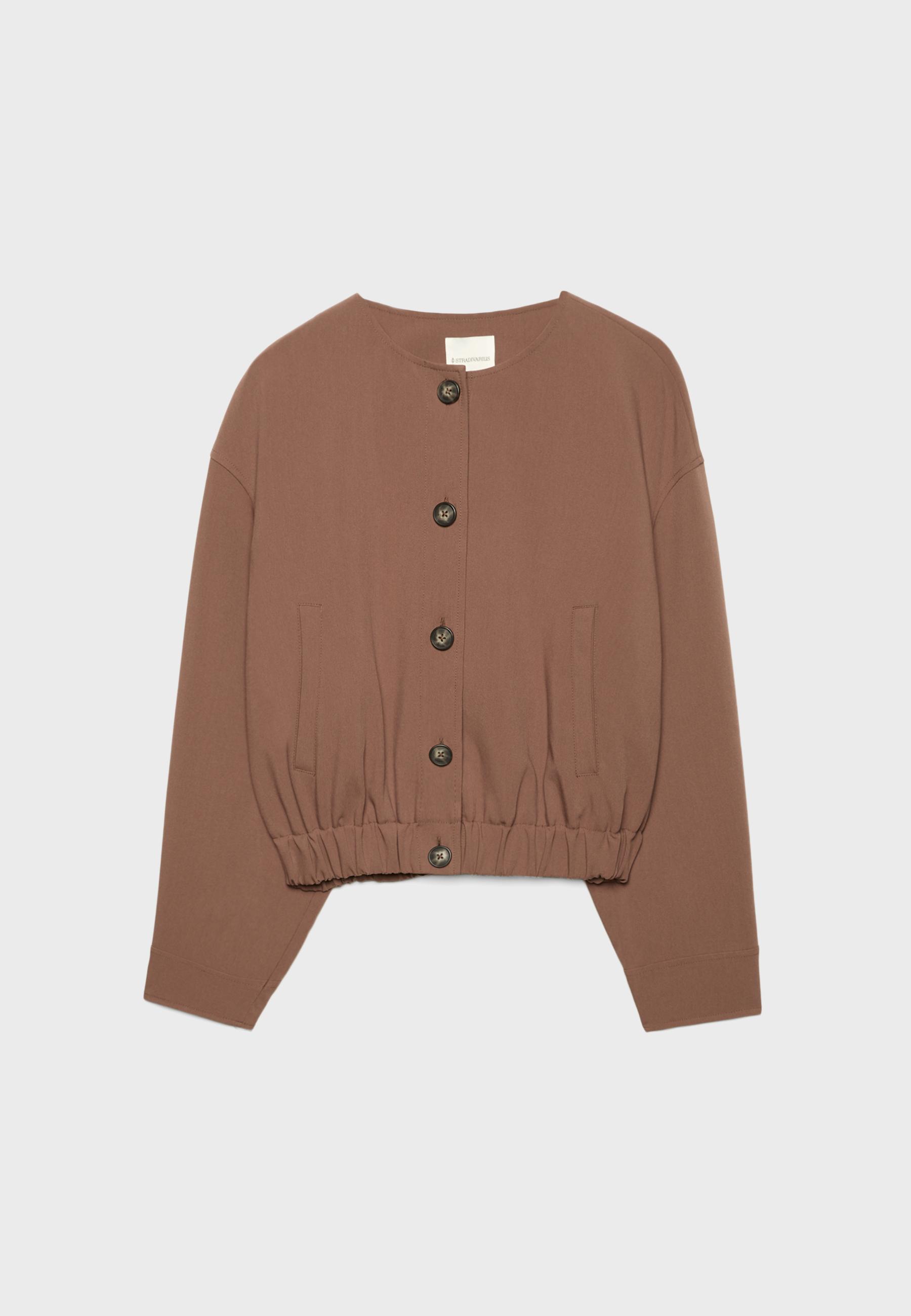 Puff sleeve round neck jacket — Brown