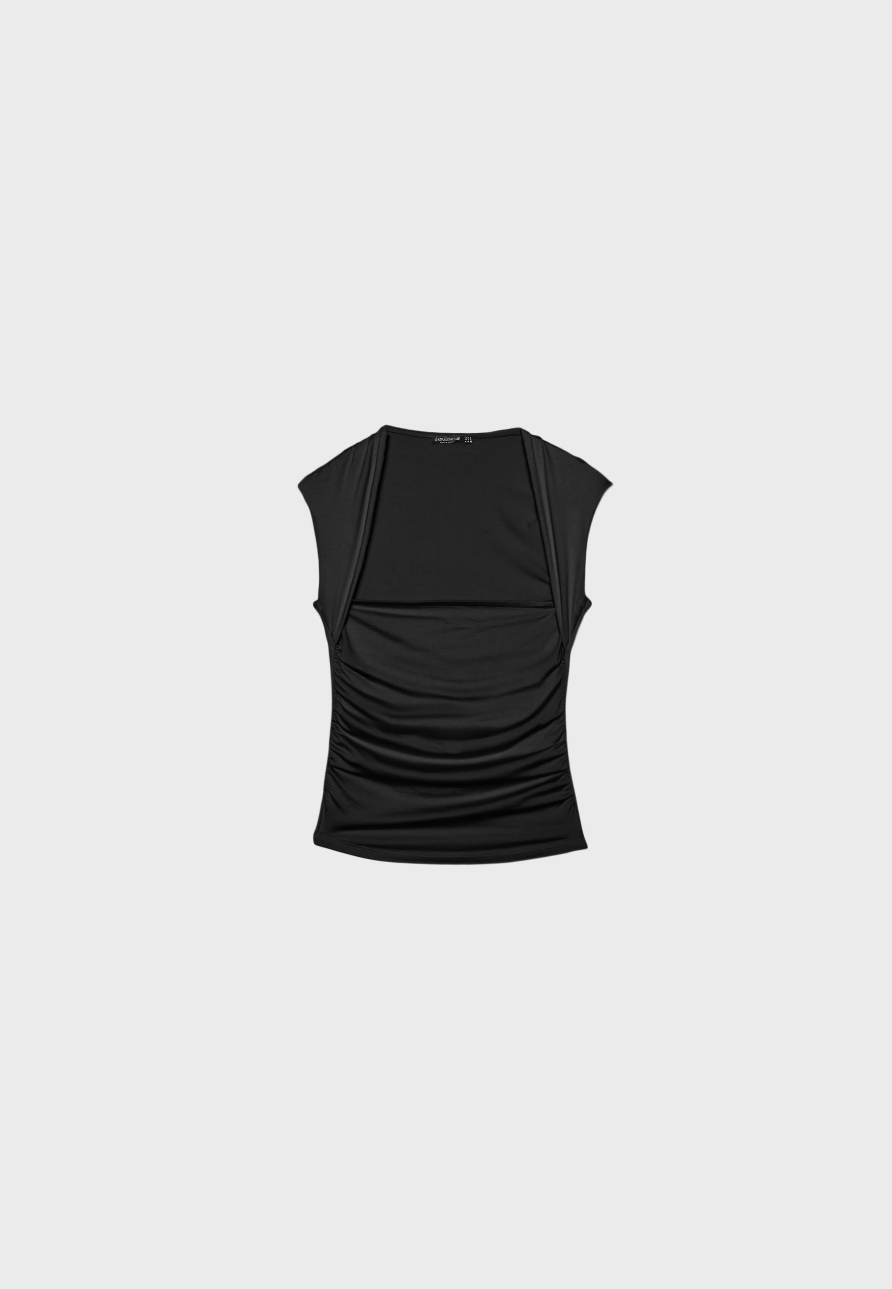 Polyamide Ruched Square Neck T-Shirt — Black