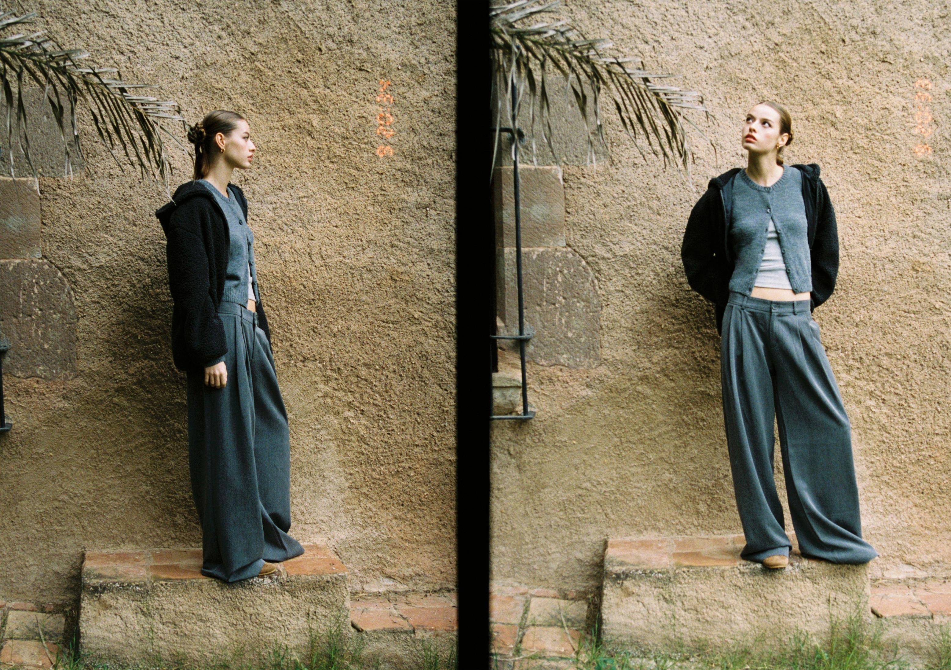 Wide-leg tailored trousers with darts — Dark grey
