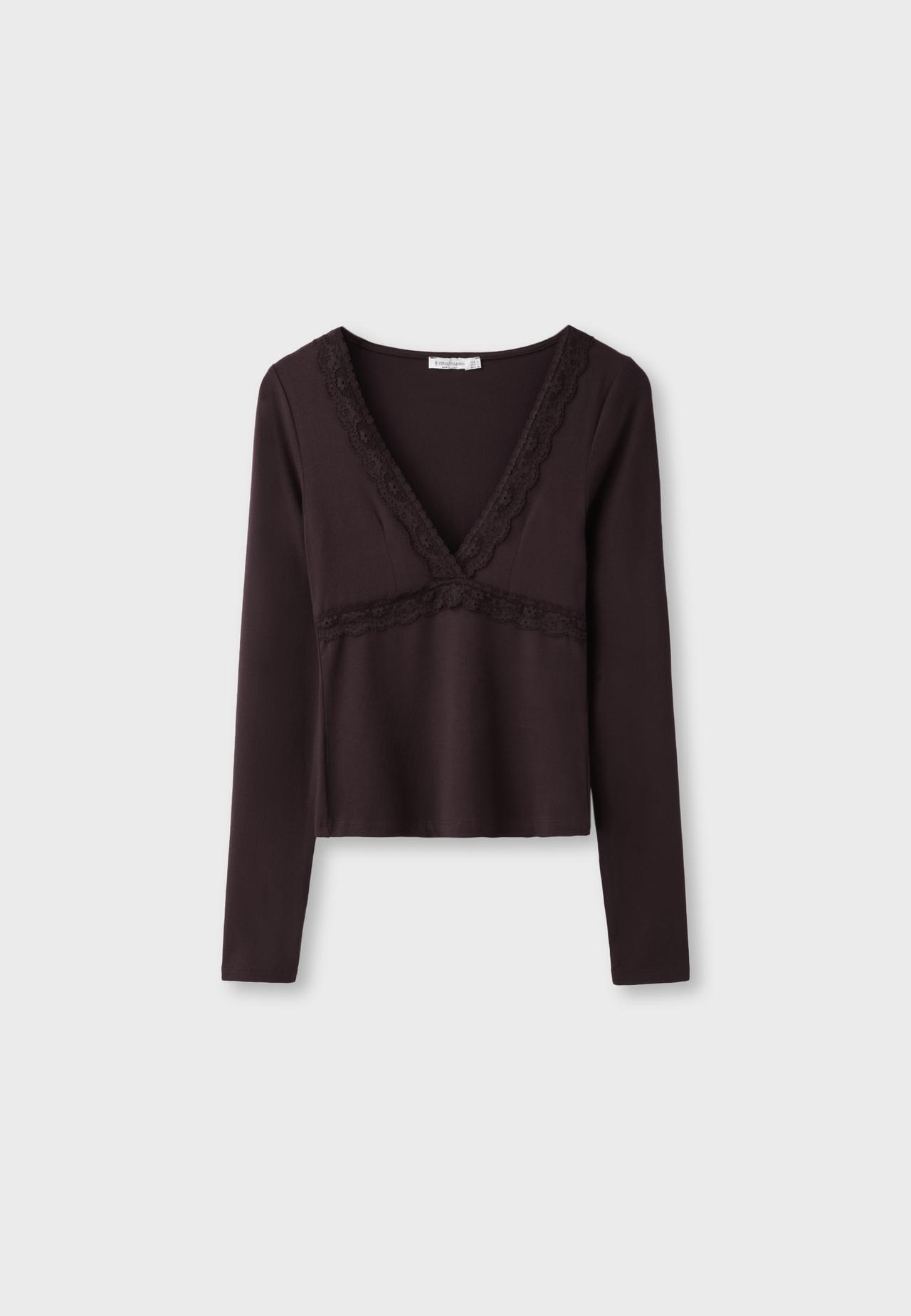 Long sleeve lace V-neck top — Brown