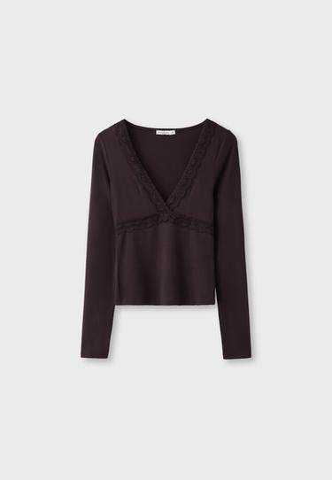 Long sleeve lace V-neck top — Brown 7