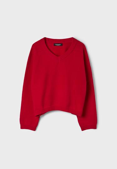 Basic V-neck knit jumper — Red 7
