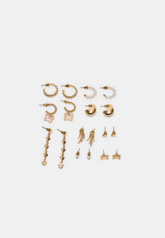 Stradivarius Lot 9 Boucles D’oreilles Papillon Et Perles Or Os