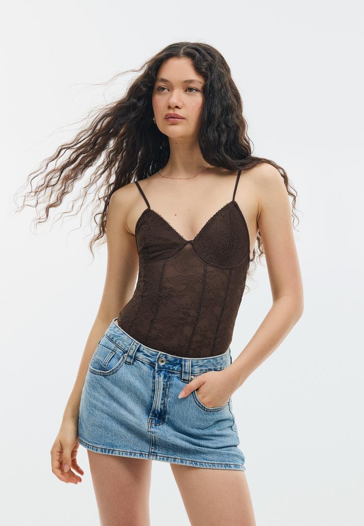 Stradivarius Κορμάκι Με Τιράντες Και Δαντέλα Καφέ S φωτογραφία
