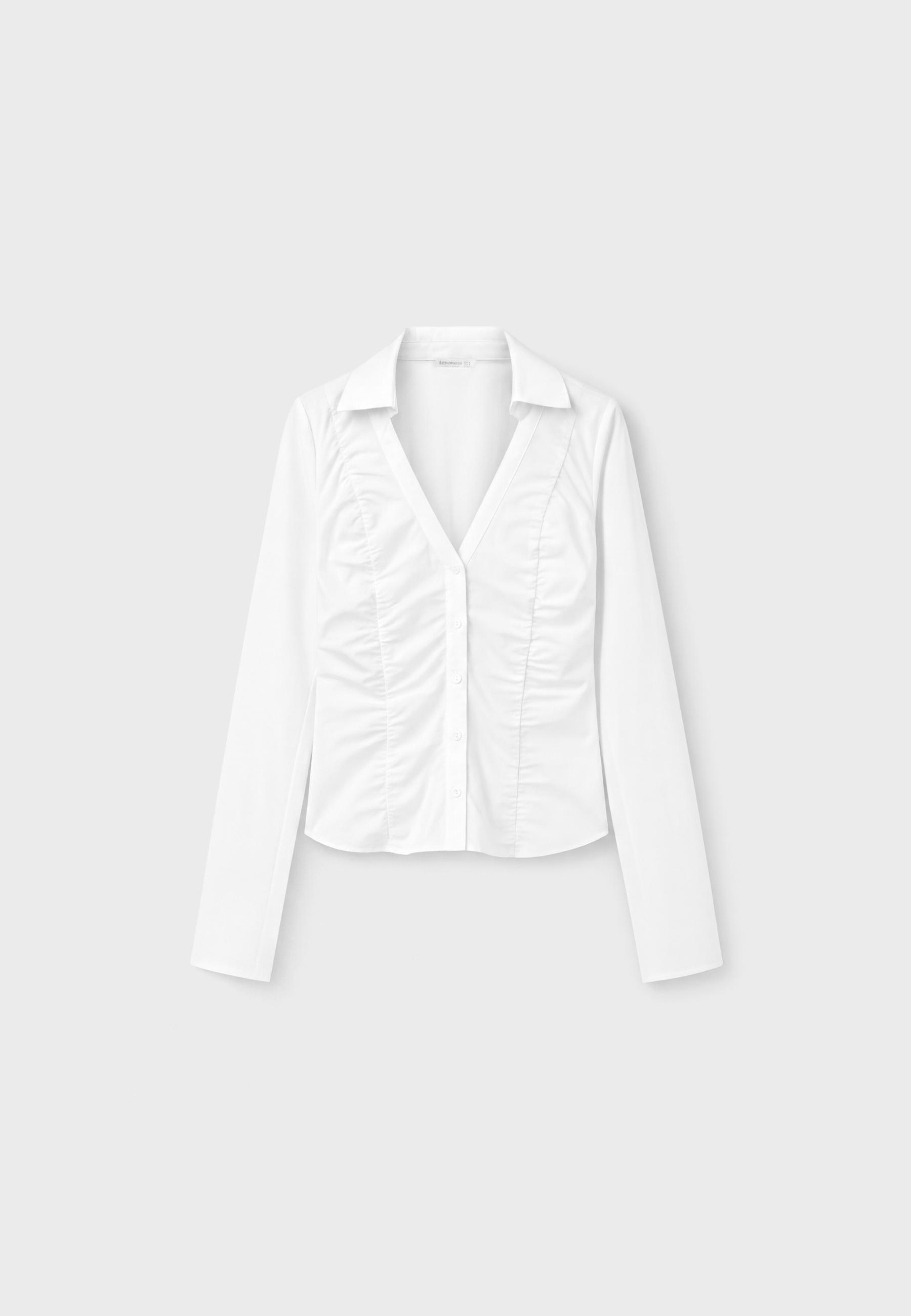 V-neck gathered shirt — White