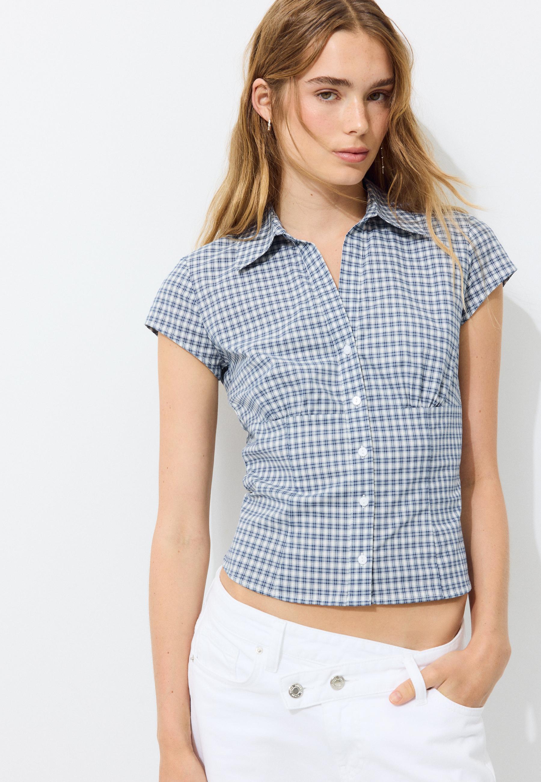 Short sleeve under-bust seam shirt — Navy blue